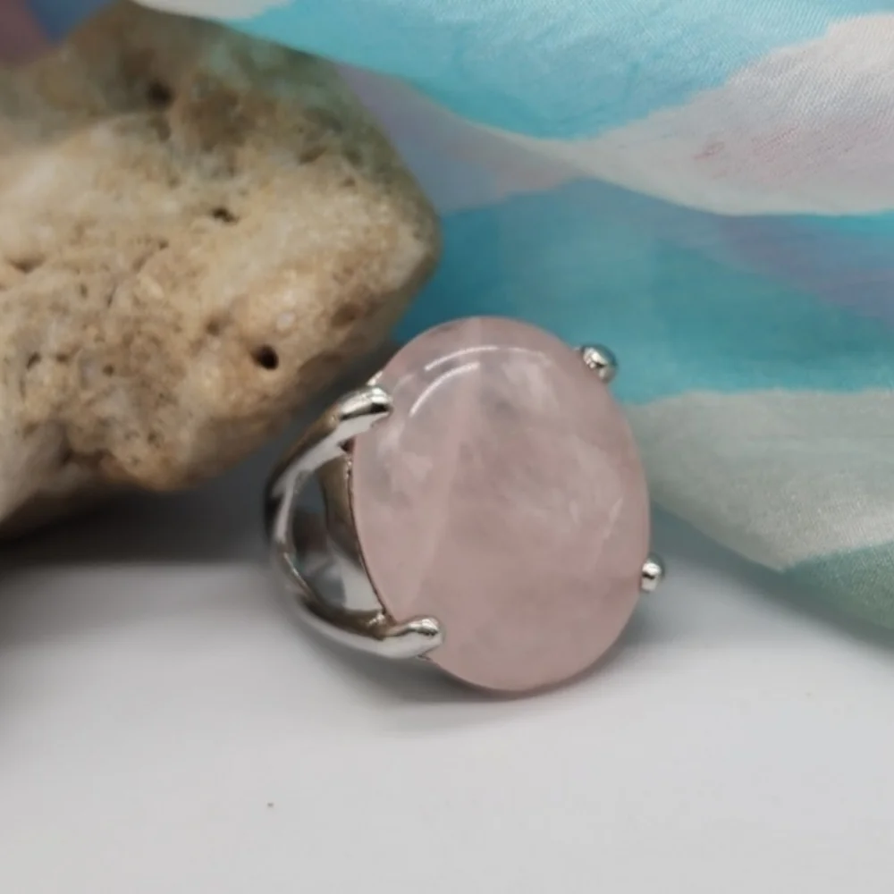 Nature Rose Quartz Silver Ring Healing Genuine Love Protective Crystal